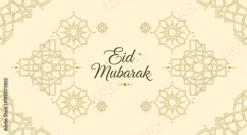 Eid mubarak festive greeting card with golden floral patterns on cream background for muslim holiday celebration