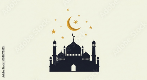 Islamic mosque silhouette at night with crescent moon and stars ramadan symbol