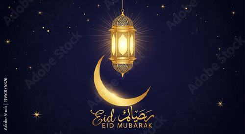 Eid mubarak greeting card with glowing lantern and crescent moon on starry night sky background