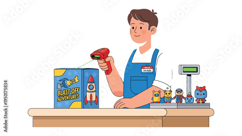 Checkout Scanning: A friendly cashier scans a product box, surrounded by toys at the checkout counter. Depicting a moment of customer service and retail operations.
