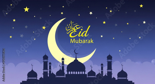 Eid mubarak greeting card with mosque silhouette and crescent moon under starry night sky with purple clouds
