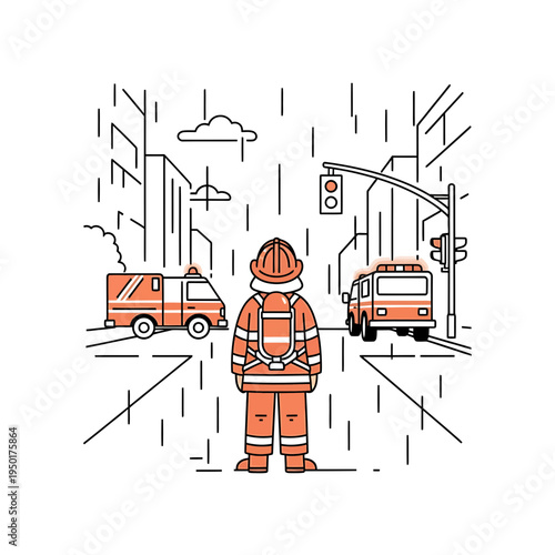 Firefighter Standing on City Street in Rain