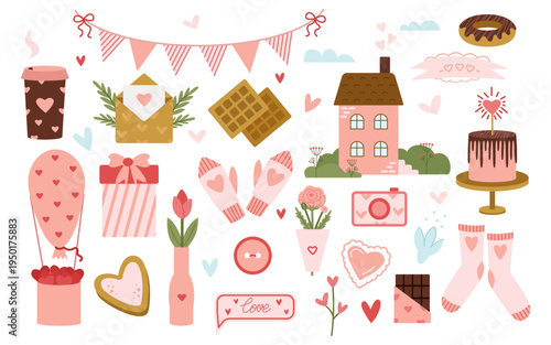 Set of romantic elements for Valentine's Day. Hearts, coffee, cake, balloon, gift, spring house, donut, vase, clouds. Vector illustration for February 14th.