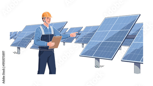 Solar Panel Inspection: An engineer stands amidst a field of solar panels, reviewing plans and ensuring efficient energy production. Capturing the essence of sustainability and innovation
