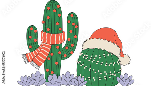 Festive Christmas cactus illustration with ornaments, Santa hat, scarf, and succulent plants, perfect for holiday design, seasonal decoration, digital art, and creative winter projects.