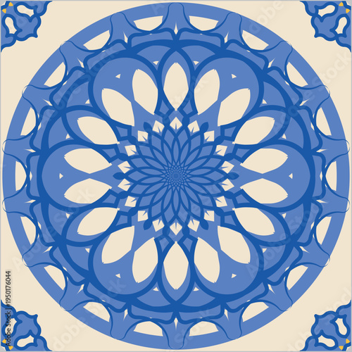 Blue medallion tile seamless vector pattern featuring a circular rosette motif. Symmetrical design in shades of blue, ideal for luxury branding, interior backgrounds, and textile prints