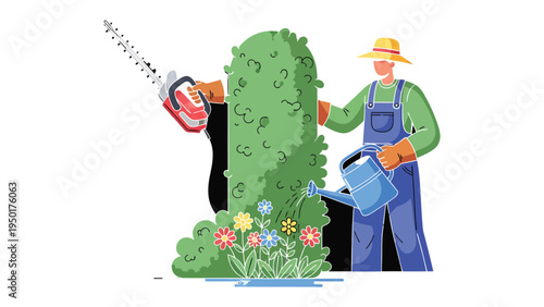 Gardener's Green Oasis: A dedicated gardener cultivates a vibrant display with meticulous care, tending to lush greenery and blossoming flowers.