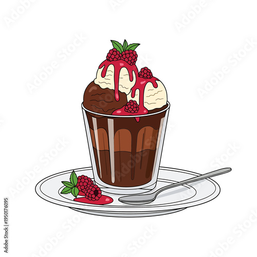 Chocolate Vanilla Ice Cream Sundae with Raspberries