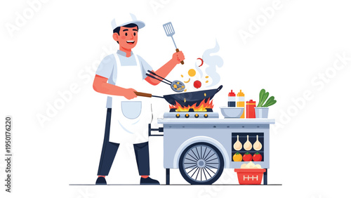 Culinary Artisan: A street vendor, meticulously cooks with his culinary expertise, his hands crafting a delicious meal for his waiting customers.
