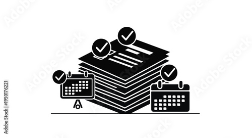 Business organization and planning concept with stack of documents, calendar, and checklist on white background, modern minimalist line art illustration for productivity and time management