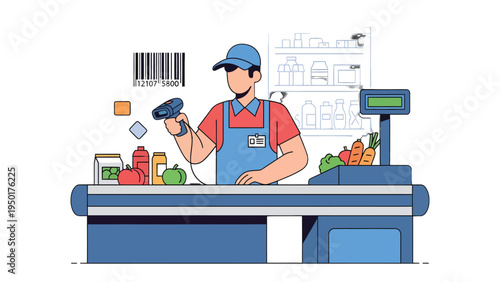 Scanning at the checkout: A focused cashier in an apron carefully scans a barcode on a product at the checkout counter, preparing the item for purchase with precision.