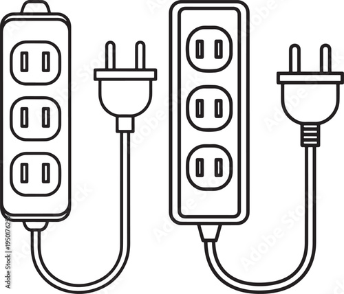 Simple Outline Icons of Electrical Power Strips and Plugs with Power Strip with Electrical Outlet with Extension Cord with Line Art with Home Appliance