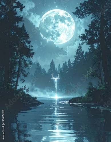 Enchanting Full Moon Over Mystical Forest Lake with Glowing Waterfall at Night.