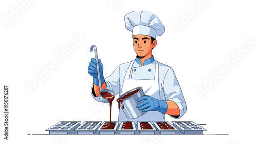 Confectioner Pouring Chocolate: A skilled confectioner meticulously pours rich, flowing chocolate into molds, embodying the artistry and care behind the creation of delectable treats.