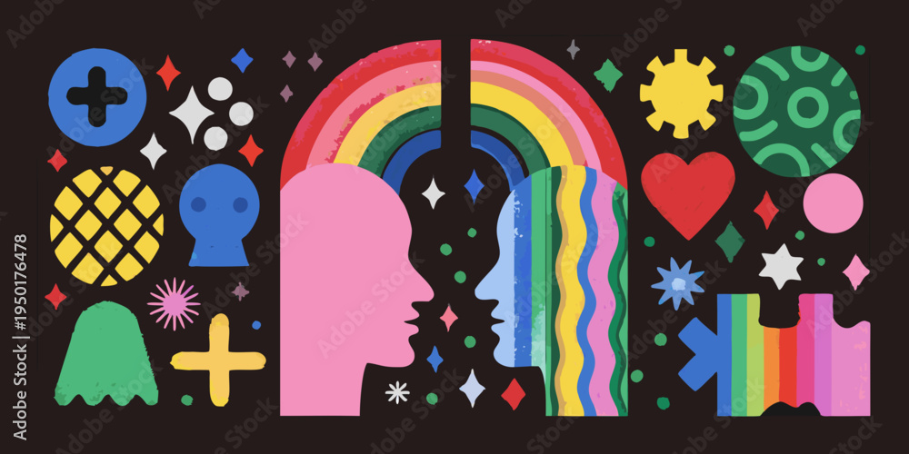 Obraz premium Abstract illustration featuring faces rainbow and geometric shapes on black