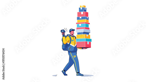 Overwhelmed Delivery: A postal worker struggles to carry a towering stack of packages, symbolizing the demands of rapid delivery and the dedication of service.