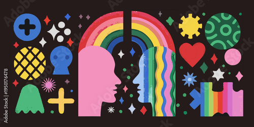 Abstract illustration featuring faces rainbow and geometric shapes on black