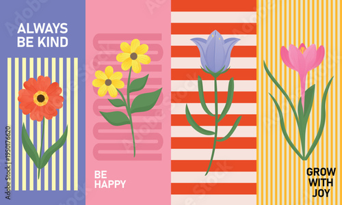 Colorful motivational flower poster design with positive quotes on striped background for happiness and kindness