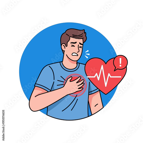 Man with chest pain, heart attack symptom, health emergency, cardiology concept