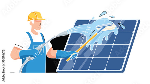 Renewable Energy Maintenance: A diligent worker meticulously cleans a solar panel with precision. The image represents the crucial aspect of sustainable energy practices