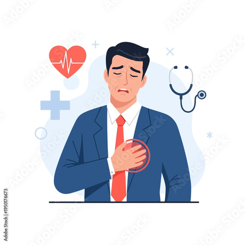 Man with Chest Pain, Heart Attack Symptoms, Cardiology Medical Concept