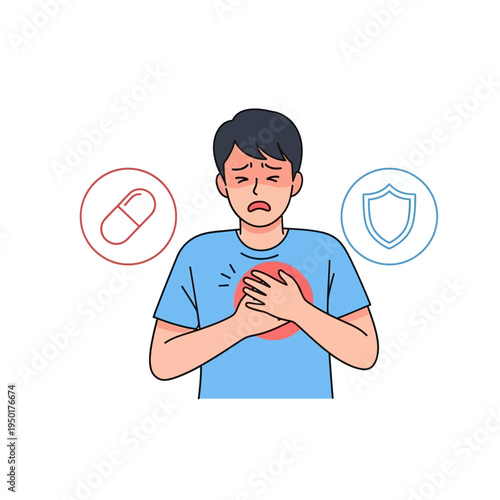 Man with Chest Pain, Heart Attack Symptoms, Medicine vs. Protection Concept