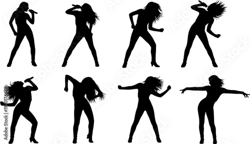 female singer silhouettes, dancing woman performer, microphone vocal artist, live music concert poses, stage entertainment, energetic show
