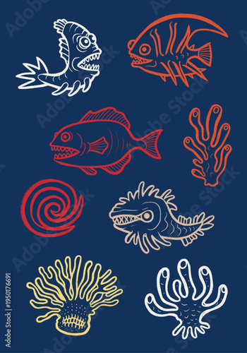 Hand-drawn vector art of cartoon deep-sea fish and abstract coral shapes with a textured look, perfect for an underwater or nautical design on a dark blue backdrop