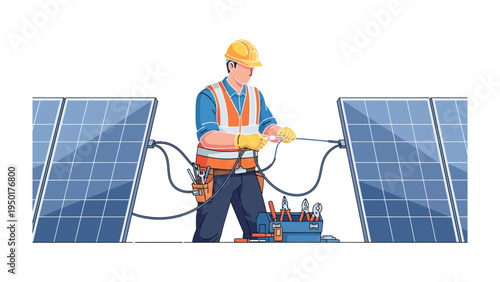 Solar Panel Technician at Work: An electrician skillfully inspects solar panels, poised to maintain and optimize sustainable energy solutions with precision and expertise.