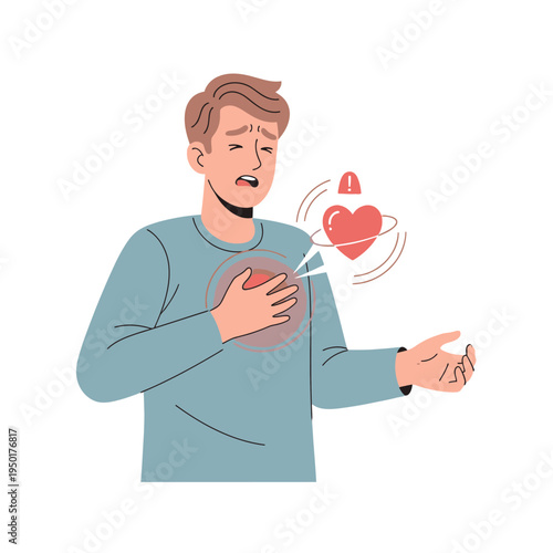 Man clutching chest in pain, heart attack symptom, medical emergency, distress