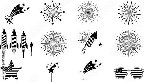 Fireworks silhouette collection, celebration rocket burst set, festive spark explosion elements for holiday party festival isolated on white background