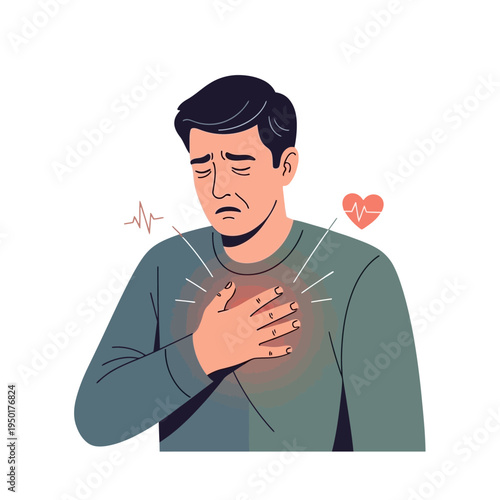Man clutching chest in pain, heart attack symptoms, cardiology, health emergency