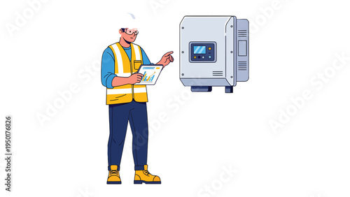 Solar Power Technician Inspection: A technician in safety attire inspects a solar inverter, symbolizing the dedication to sustainability and renewable energy solutions. 