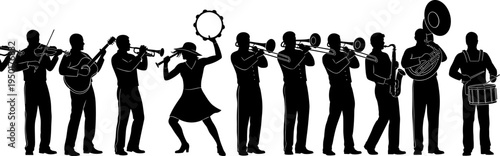 marching band silhouettes, musicians playing instruments, brass trumpet trombone tuba drum violin guitar, parade orchestra performance