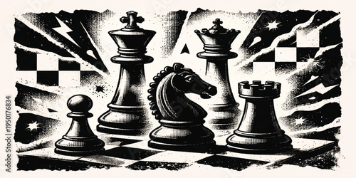 Black chess pieces arranged on a chessboard representing strategy and competition