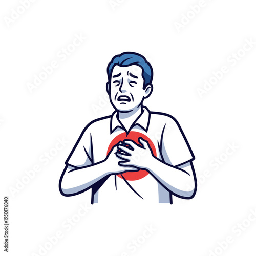 Man clutching chest in pain, heart attack symptoms, chest pain, medical emergency concept