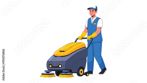 Cleaning Expert at Work: A diligent professional, clad in uniform, expertly operates an advanced floor cleaning machine, ensuring impeccable hygiene and orderliness.