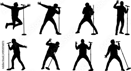 male singer silhouettes, rock star performance, microphone stage poses, live music concert, energetic vocalist, entertainment show, music artist