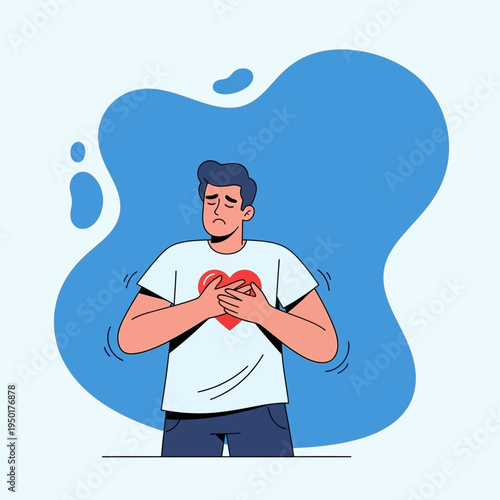Man clutching chest in pain, heart symbol, chest pain, medical emergency, health problem