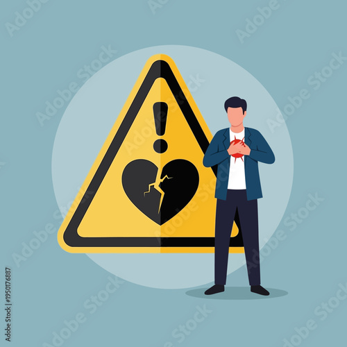 Man clutching chest near broken heart warning sign, symbolizing heart attack or emotional pain