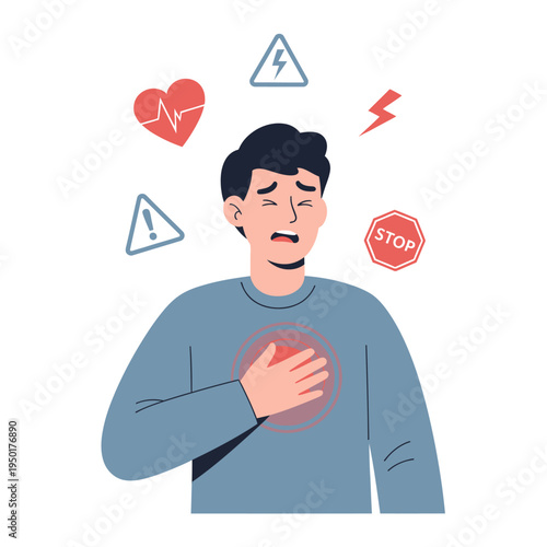 Man clutching chest in pain, heart symbol, warning signs, chest pain, heart attack concept