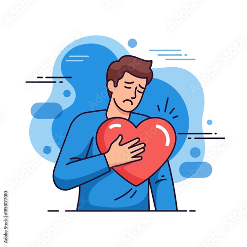 Man holding heart with pain, concept of heartbreak, love pain, or heart disease