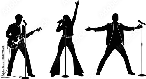 music band silhouettes, guitarist and singers, microphone stage performance, live concert artists, rock band entertainment, vocal show performers