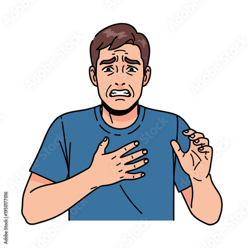 Man in blue t-shirt with worried expression, holding chest, looking scared