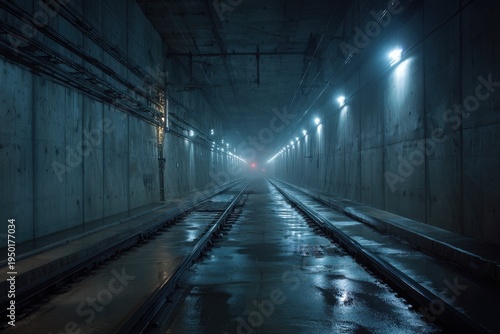 Dimly lit subway tunnel with receding tracks and moody blue-gray tones