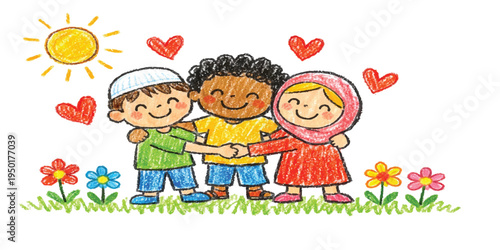 children friendship illustration with hearts and sunshine, “Believers are Brothers” text, colorful hand-drawn style, unity, diversity, love, kids art, happy cartoon, education theme, peace concept