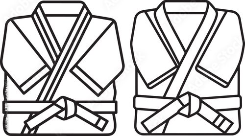 Two martial arts uniforms with belts, outline illustration for sports or competition concepts, Karate Gi, Judo Gi, Black And White, Line Art, Copy Space
