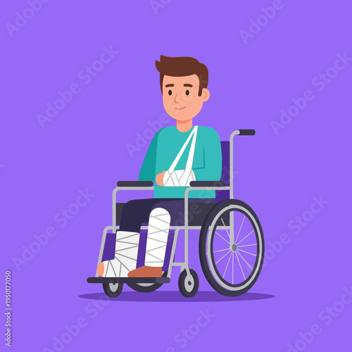 Man in Wheelchair with Broken Arm and Leg Casts