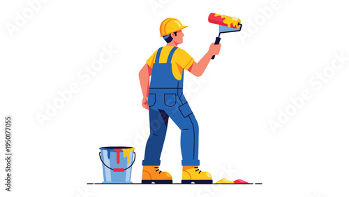 Painter at Work: A painter, clad in work attire, meticulously applies paint using a roller, with a paint bucket alongside, a scene of precision and craftsmanship.