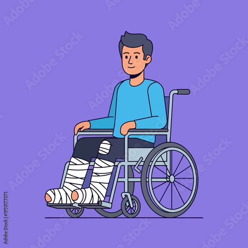 Man with bandaged legs in wheelchair, recovery and rehabilitation concept